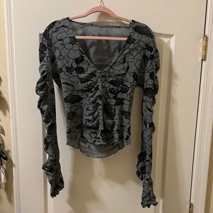 Free People Black and Gray Floral Blouse size L